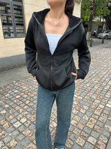 SHEIN EZwear Áo hoodie lót lông cừu có khóa kéo vai mới dành cho nữ - màu đen - Xem 6