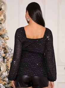 MaterniChic Maternity Autumn Rhinestone Square Neck T-Shirt - Black - View 2