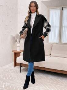 EMERY ROSE Chaqueta casual de mujer con solapa y doble botonadura, en diseño de patchwork a cuadros