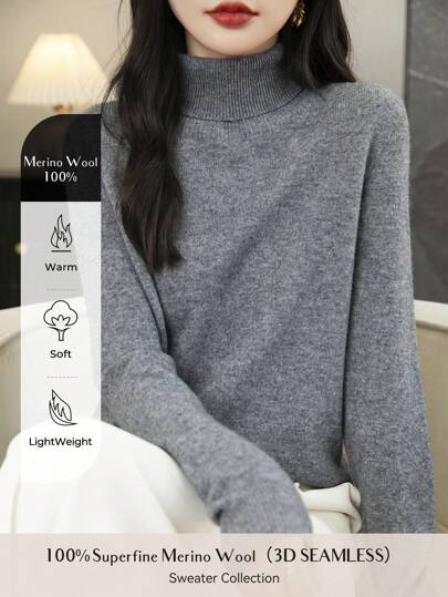 Women's 100% Merino Wool Sweater Autumn Winter Long Sleeve Women's Turtleneck Sweater Warm Soft Knitted Pullover Top