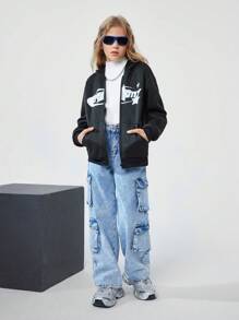 SHEIN Tween Girls' Black Letter Print Zip-Up Hoodie Sweatshirt In Fall/Winter