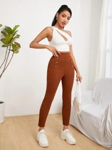 SHEIN PETITE High Waist Double Button Skinny Cropped Trousers - Rust Brown - View 6