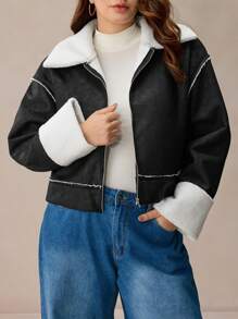 Elaquor Chaqueta de bombardero suelta con cremallera de piel sintética de talla grande con diseño de patchwork, para uso casual en otoño