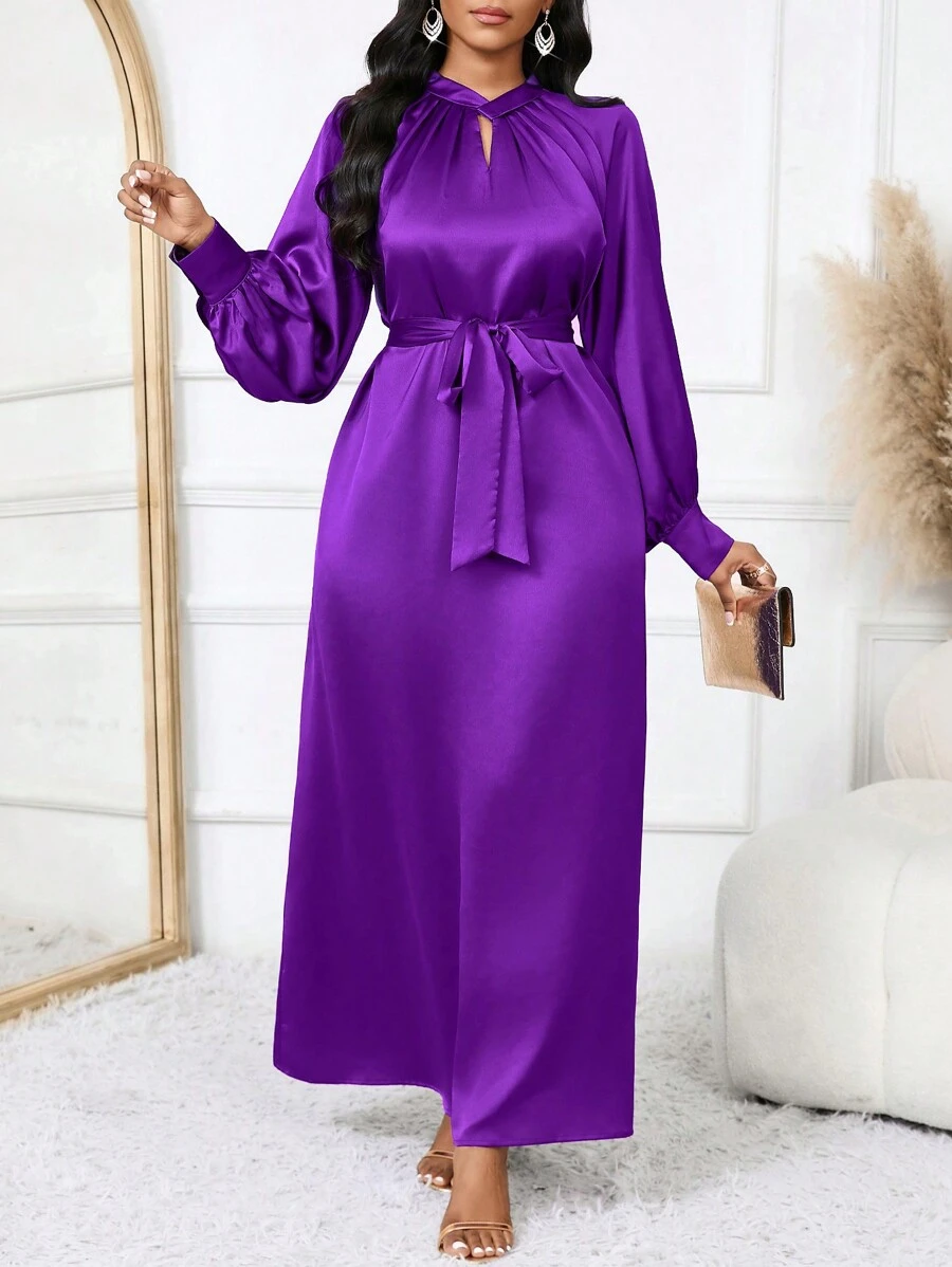 SHEIN Lady 礼服 女士优雅紫色通勤礼服 秋季长款正式晚礼服 秋季女士秋季礼服 外出服 舞会礼服 女士音乐会礼服 感恩节女士服装 紫色返校节礼服 优雅礼服 秋季女士服装 返校节礼服 公主女士礼服 紫色裙子 长袖连衣裙 - 紫色 - 查看 1