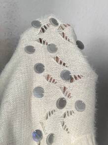 Chiquease Pull décontracté à encolure ronde, épaules tombantes, patchwork de sequins pour femmes, automne/hiver. Pull tricoté d'automne - Beige - Voir 7