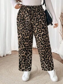 SHEIN VCAY Plus Size Leopard Print Paper Bag Waist Casual Pants - Multicolor - View 4