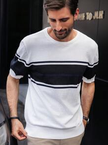 Manfinity Homme Parte superior tejida de manga corta casual de todos los días con color contrastante para hombres, otoño/invierno - Blanco - Ver 5