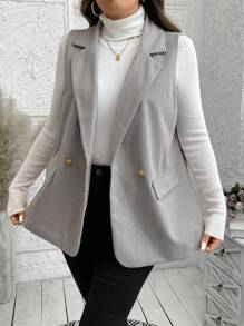 SHEIN LUNE Plus Size Women Lapel Collar Sleeveless Minimalistic Tweed Blazer Jacket Vest Fall Clothes Clothes Winter Clothes Business Casual Woman Work Blazer Business Blazer