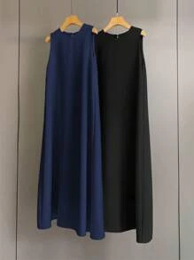 Al Najma 2 件套女士休闲纯色无袖连衣裙 - 藏蓝色 - 查看 3