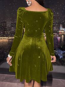 Allurite 1pc Women V-Neck Waist Cinching Long Sleeve Solid Color Dress, Elegant For Autumn/Winter - Olive Green - View 2
