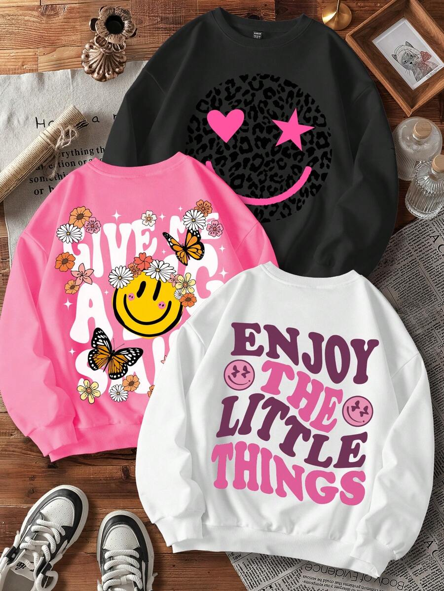 SHEIN Leap Crew 3 件套 Tween 女童休闲豹纹笑脸花卉图案厚款宽松圆领长袖羊毛运动衫,黑色/粉色/白色,适合秋冬季 - 彩色 - 查看 1