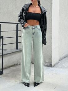 SHEIN Cottnline WOMEN WIDE LEG MID WAIST JEANS - Light Wash - View 3