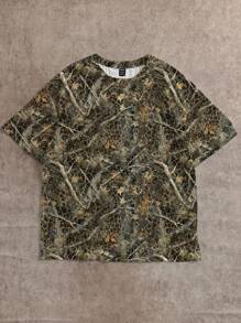 SHEIN EZwear Plus Size Casual Minimalist Vintage Bare Tree Branch Print Round Neck Short Sleeve T-Shirt - Multicolor - View 3