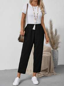 EMERY ROSE Women's Casual Solid Color Elastic Waist Cropped Skinny Pants - Multicolor - View 4