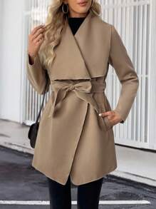 SHEIN LUNE Damen einfarbiger, gegürteter, gewickelter, vordertaschen Lange Ärmel Mantel - Khaki - Übersicht 5