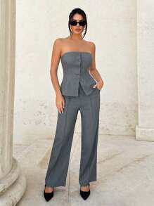 SHEIN Tall Women's Strapless Suit Set, Grey, For Office Wear & Teacher Outfits - Dark Grey - View 3