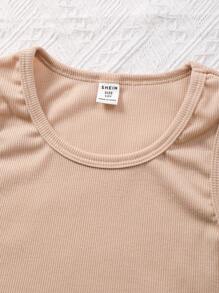SHEIN 3pcs/Set Girls' Letter Print Long Sleeve Top & Sleeveless Vest Sports Casual Set For Autumn/Winter - Khaki - View 8