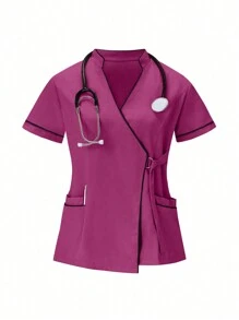 SHEIN TaskFit 2pcs Contrast Trim Casual Short Sleeve Top And Solid Color Pants Uniform Set, Scrub Sets - Hot Pink - View 5