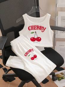 Tween 女童休闲樱桃字母印花圆领吊带背心和裤子两件套，夏季 - 白色 - 查看 1