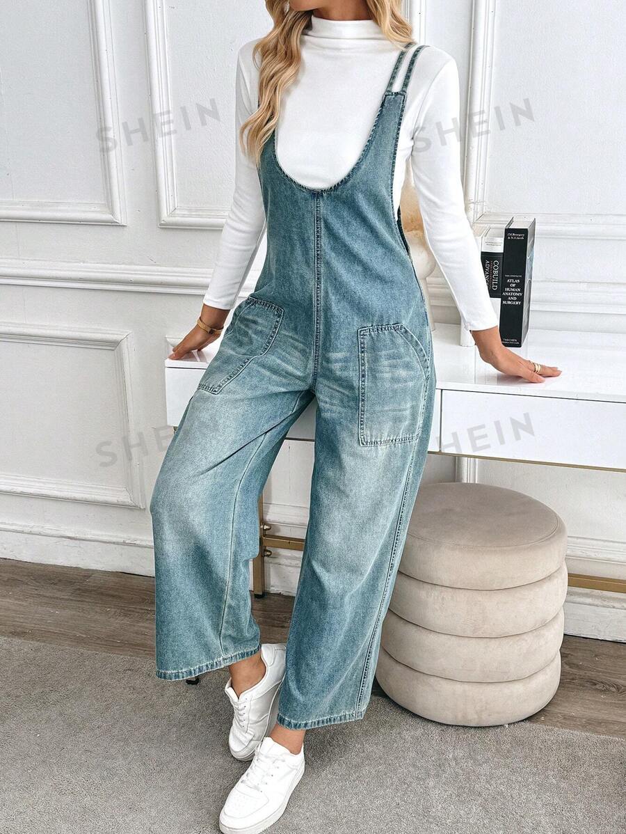 EMERY ROSE Mono de mezclilla sin mangas con bolsillo decorado de unicolor para mujeres