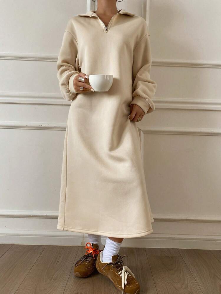 Straight Cut Split Hem Casual Solid Color Midi Dress For Women Shirt Dress,Fall Dress Long Sleeve Dress