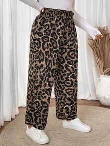 SHEIN VCAY Plus Size Leopard Print Paper Bag Waist Casual Pants - Multicolor - View 3