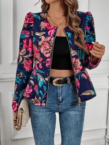 SHEIN Clasi Áo khoác cardigan nữ bó sát có khóa kéo phía trước in tranh sơn dầu hoa - Màu xanh hải quân - Xem 3