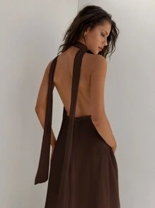 Aloruh Women's Deep V Neck Backless Dress With Draped Sash, A-Line Flowy Chiffon Wedding Party Vacation Summer Dress