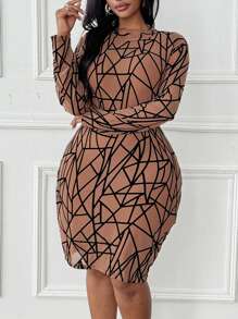 Maweii Plus Size Round Neck Long Sleeve Allover Print Short Casual Dress - Coffee Brown - View 5