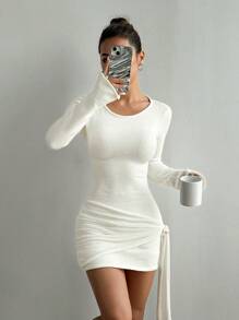 Flirla Women Casual Solid Color Form-Fitting Side Strap Bodycon Dress, Autumn/Winter