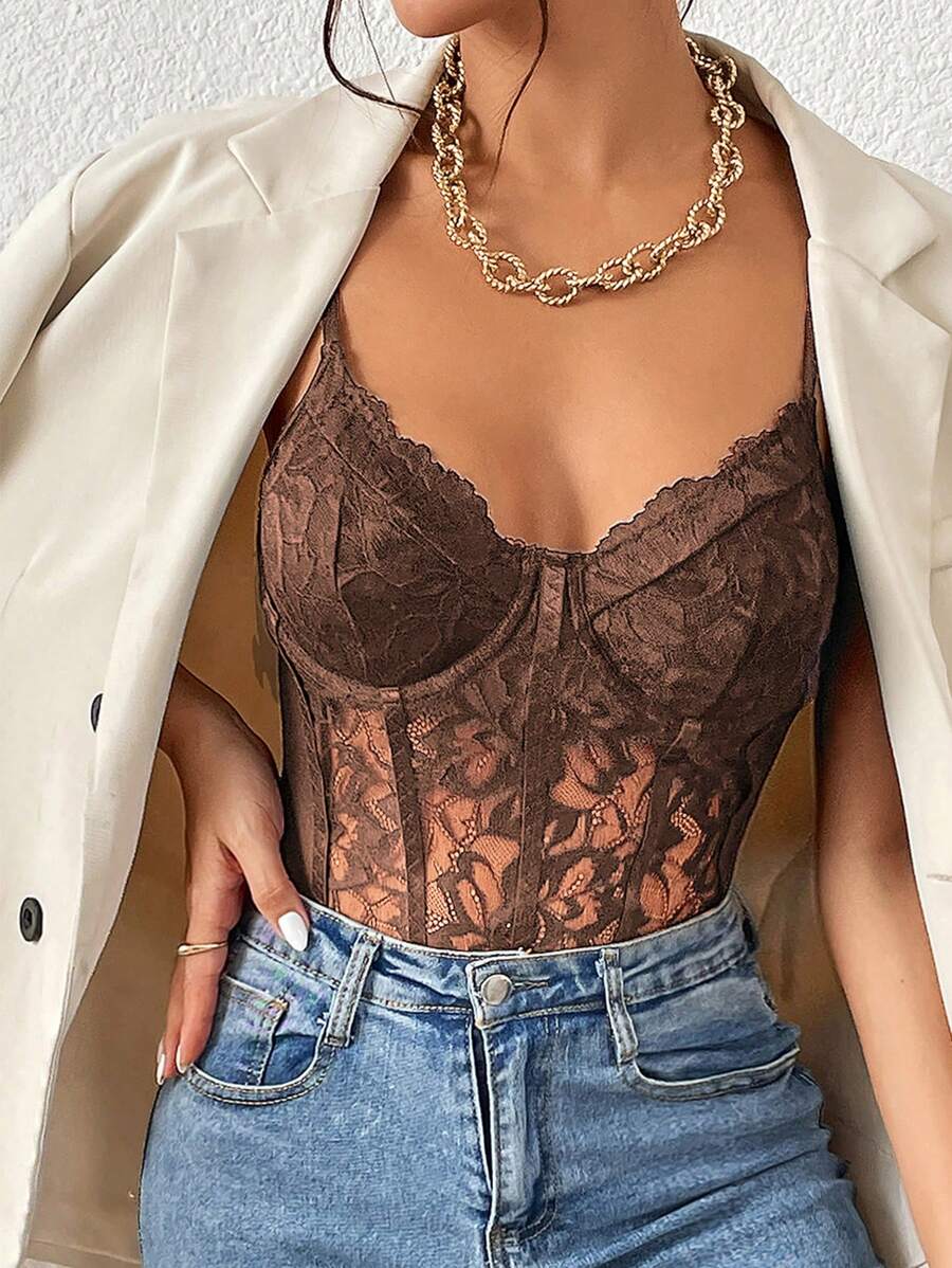 SHEIN Allurite Body de mujer de tirantes con encaje de contraste, sexy y ajustado - Café integral - Ver 1