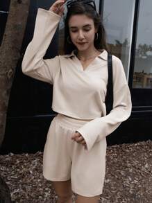 INAWLY Conjunto de 2 peças feminino casual solto cor sólida lapela ombro caído manga comprida top e shorts, primavera outono - Damasco - Ver 6