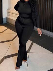 Slaydiva 2pcs/Set Solid Color Casual Versatile Long Sleeve T-Shirt And High Waist Pants, Plus Size, Autumn/Winter