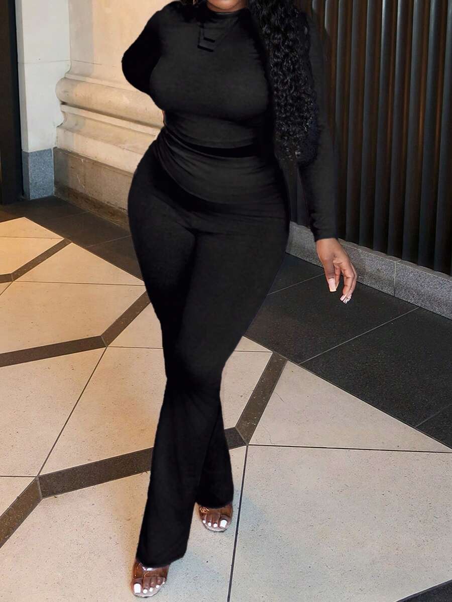 Slaydiva 2pcs/Set Solid Color Casual Versatile Long Sleeve T-Shirt And High Waist Pants, Plus Size, Autumn/Winter