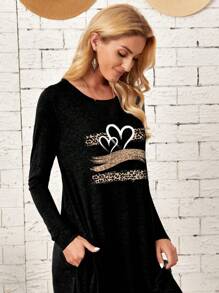 SHEIN LUNE Leopard Heart Print Striped Knit Slanted Pocket Curved Hem Dress, Autumn - Black - View 5
