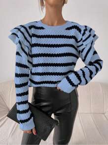 Chiquease 休闲日常罗纹荷叶边宽松长袖毛衣，秋冬