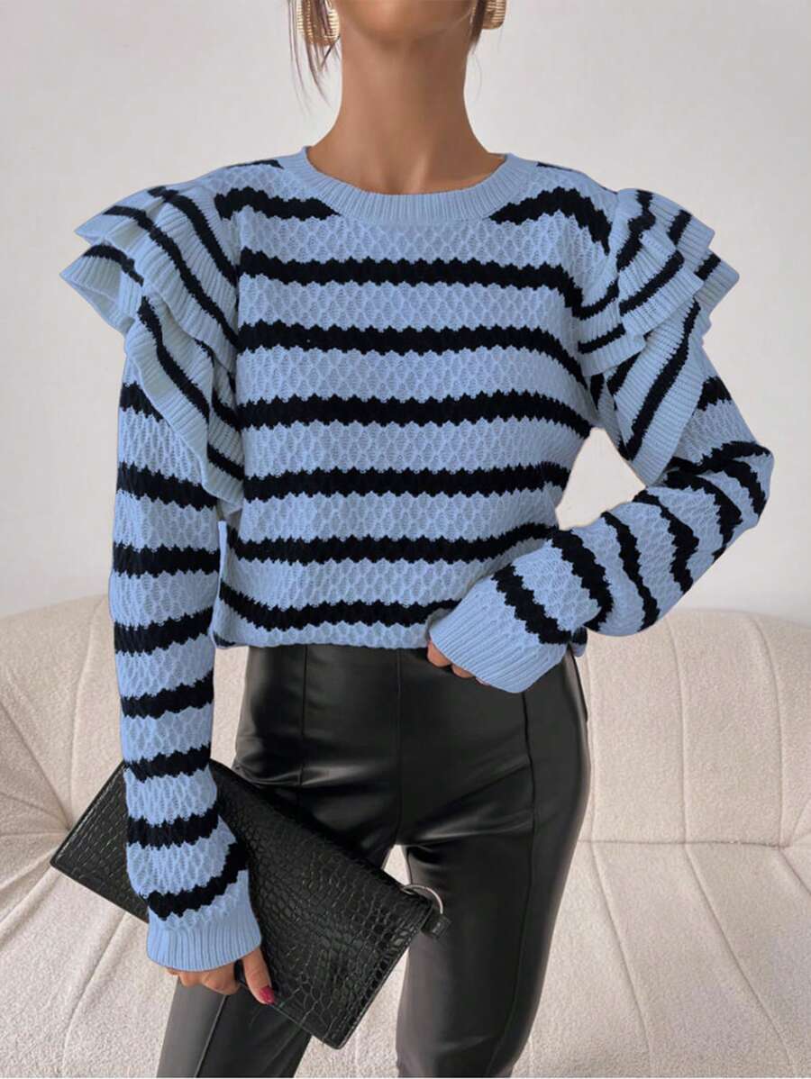 Chiquease 休闲日常罗纹荷叶边宽松长袖毛衣，秋冬