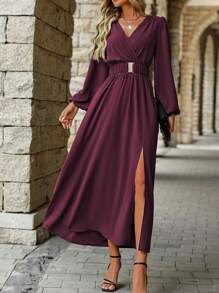 EMERY ROSE 女士纯色斜领灯笼袖松紧腰高开叉连衣裙长款女装 - 紫紅色 - 查看 3