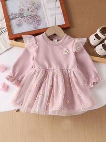 Baby Girl Autumn Casual Cute Daisy Embroidery Net Fabric Pink-Purple Dress, Essential For Everyday Outing & Home Wear