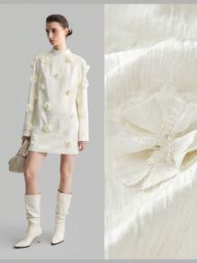 Ontre White 3D Floral High Neck Long Sleeve Elegant Dress