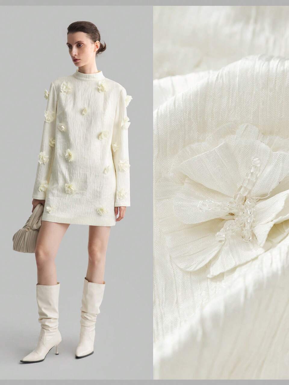 White 3D Floral High Neck Long Sleeve Elegant Dress
