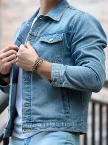 Manfinity Homme Men Front Button Pocket Long Sleeve Simple Plain Casual Casual Denim Jacket, For Husband - Medium Wash - View 4