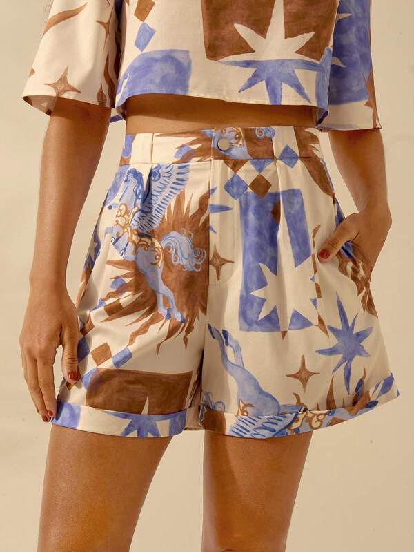 CAJUNI Damen A-Linie Sommer Lässig Boho Pferd, Stern & Flamme Muster Strand Urlaub Weite Bein Super Shorts