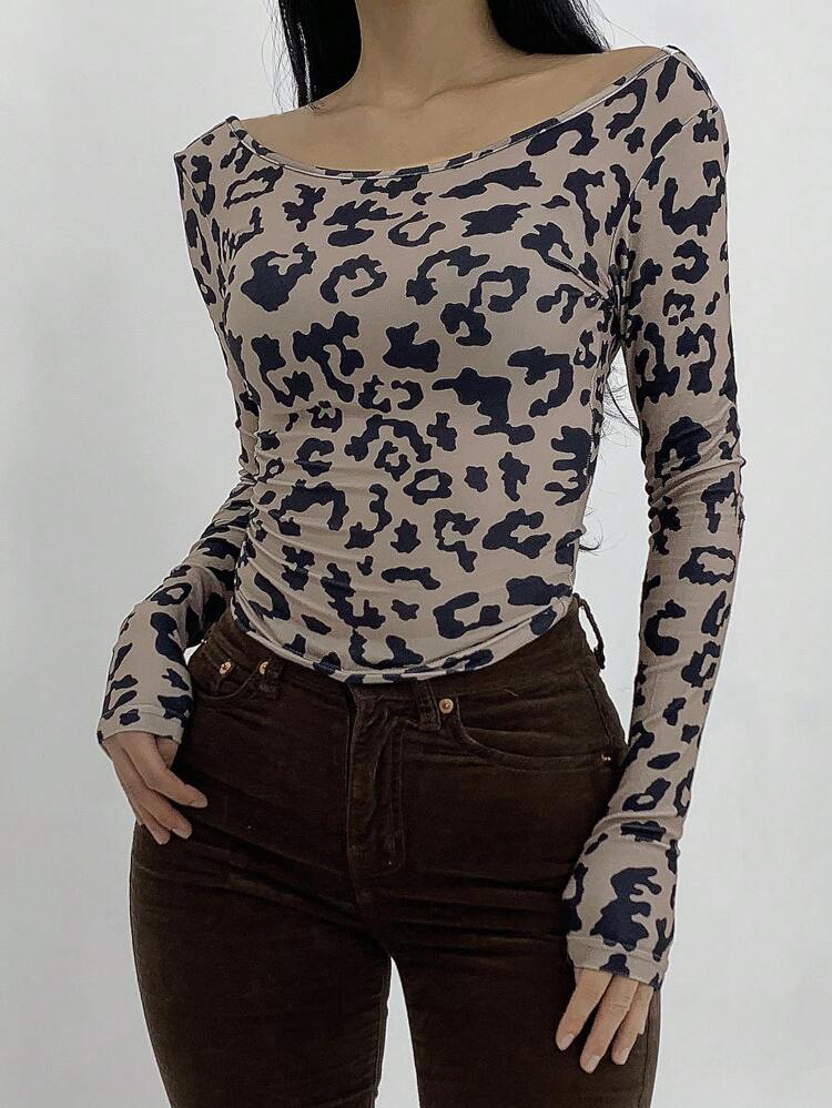 Women's Fitted Print Crew Neck Long Sleeve T-Shirt With Backless Design, Multicolor Cheetah Print,Fall Women Clothes Leopard Print
