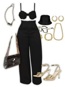 Slaydiva 新款优雅休闲度假纯色3D立体花卉文胸上衣高腰阔腿裤两件套 - M - 黑色 - 查看 2