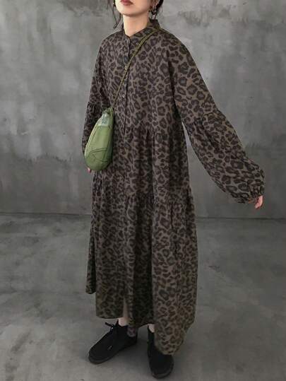 FRIFUL Women Casual Midi Loose Lantern Sleeve Leopard Print Dress, Autumn Everyday Wear