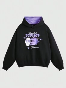Manfinity VCAY Plus Size Men Loose Letter Print Hooded Long Sleeve Sweatshirt