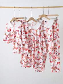 2pcs Young Girls Bow Tie Ribbon Bear Gift Graphic Print Long Sleeve Peter Pan Collar Top & Casual Pants Comfortable Home Set - Multicolor - View 7