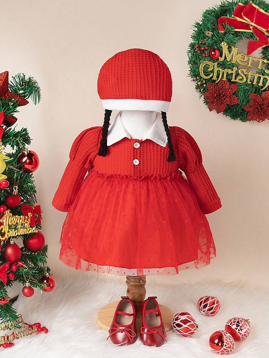 SHEIN 2pcs Newborn Baby Girls Halloween Costume, Braided Hat & Mesh Tulle Party Dress For Fall, 2024 Design, Stylish & Comfortable, For Christmas