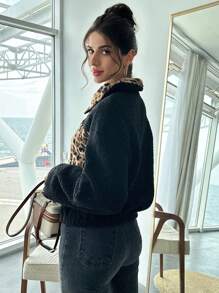 SHEIN Privé 女士常规款豹纹拼接夹克